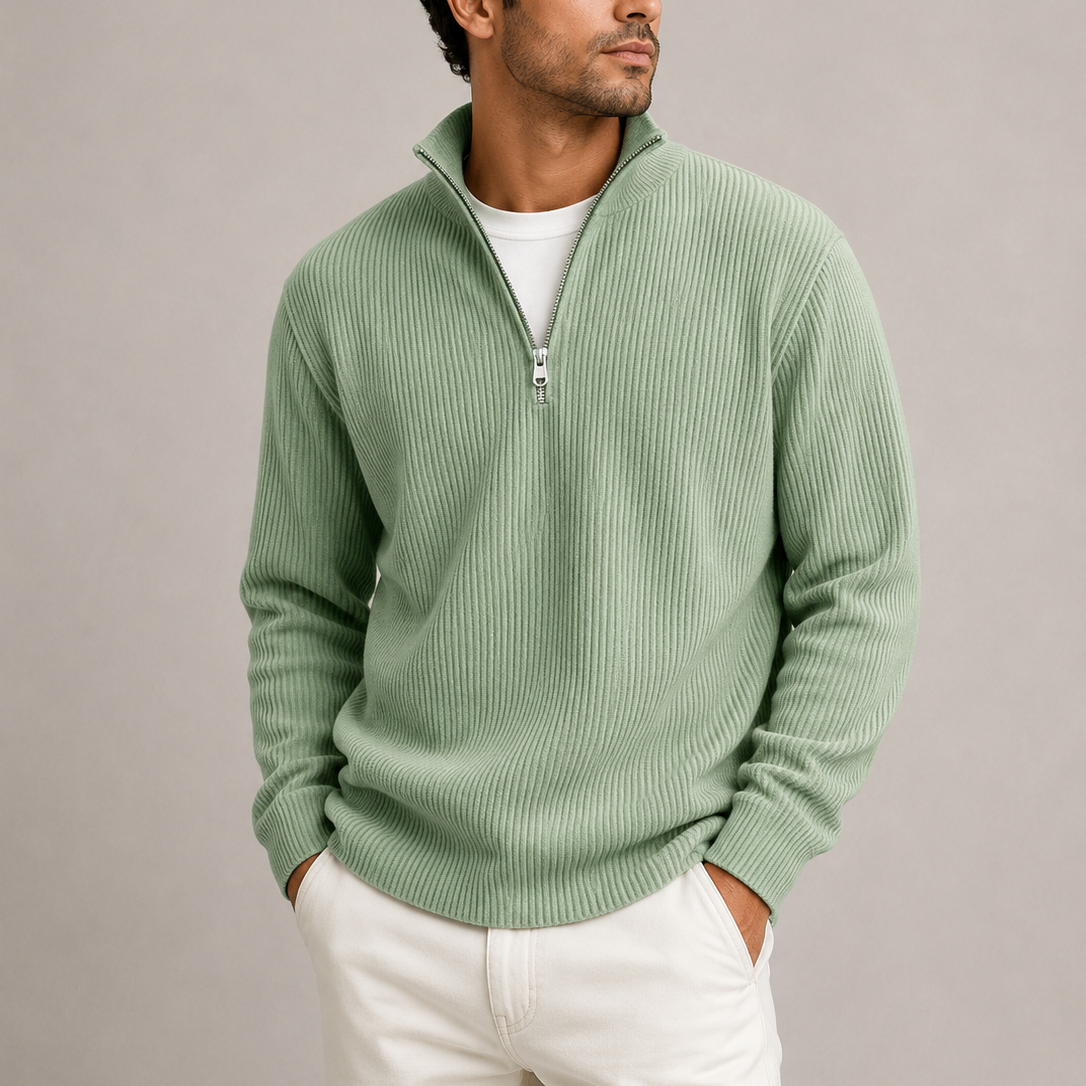 Men's Smart Casual Ribbed Quarter-Zip Sweater Stylish Knit Jumper