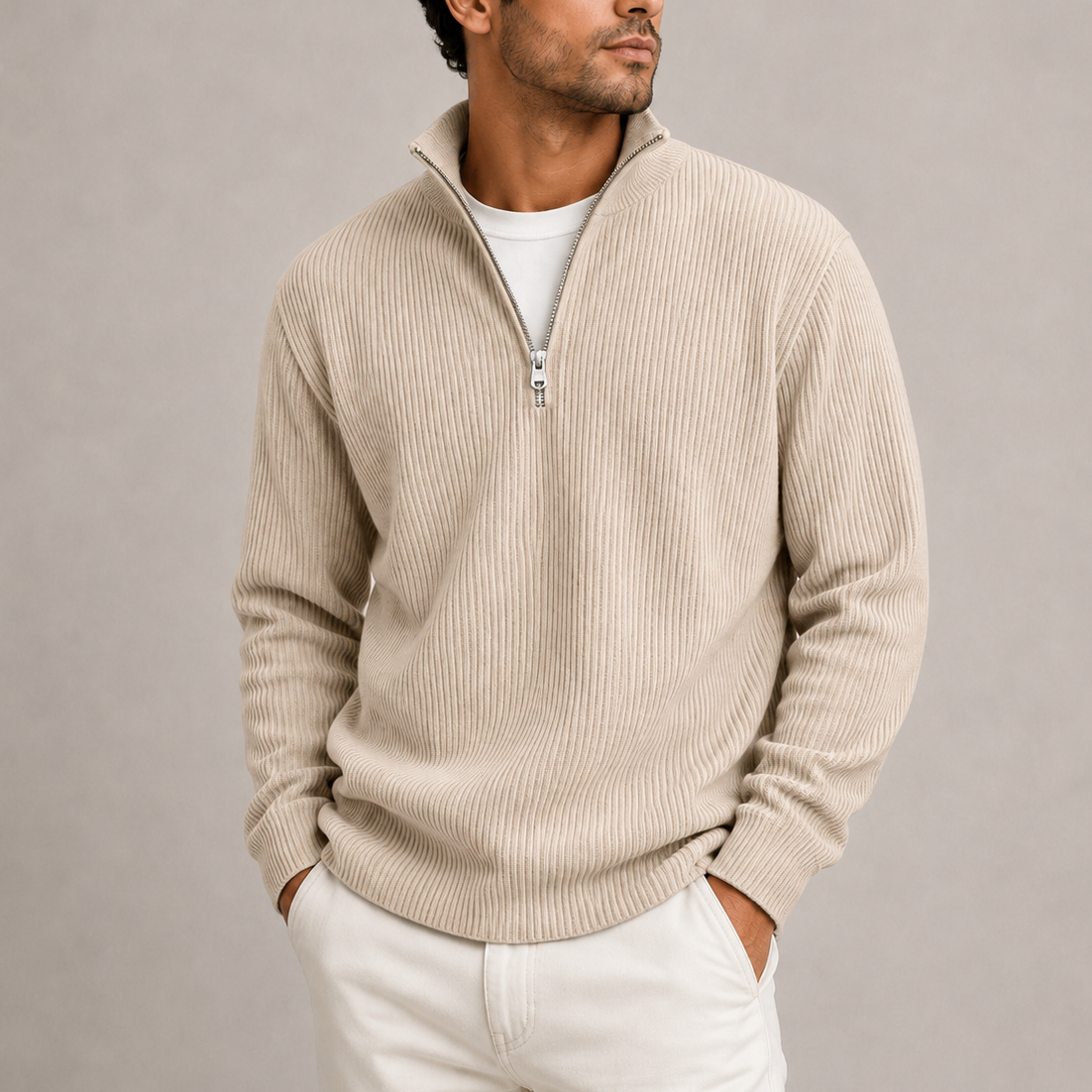 Men's Smart Casual Ribbed Quarter-Zip Sweater Stylish Knit Jumper