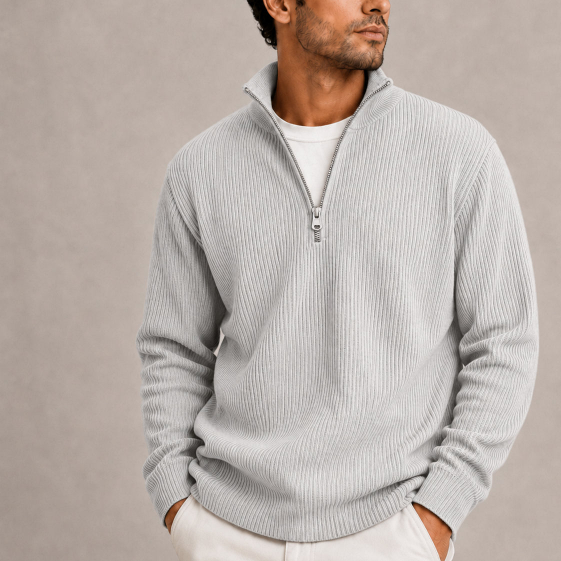 Men's Smart Casual Ribbed Quarter-Zip Sweater Stylish Knit Jumper