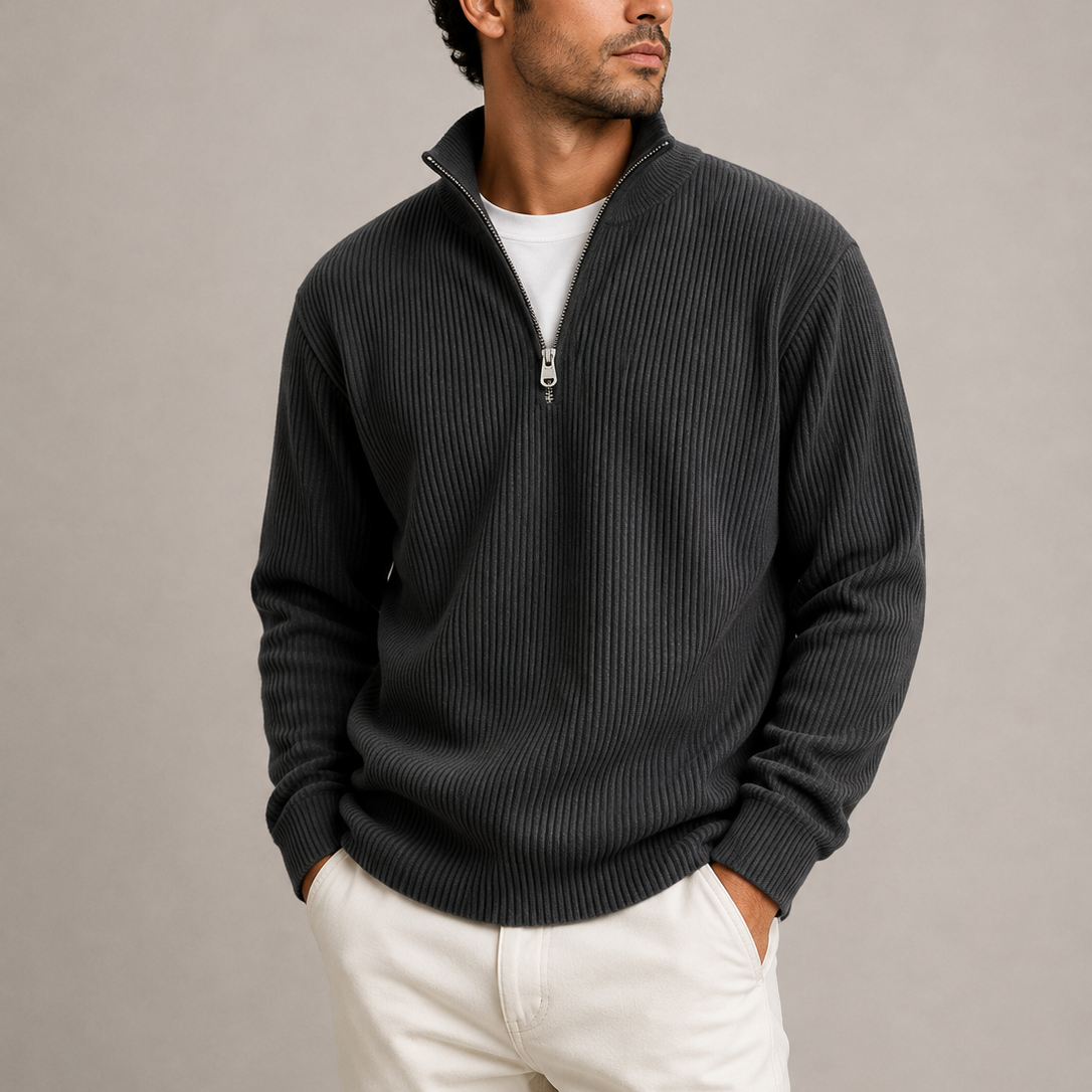 Men's Smart Casual Ribbed Quarter-Zip Sweater Stylish Knit Jumper