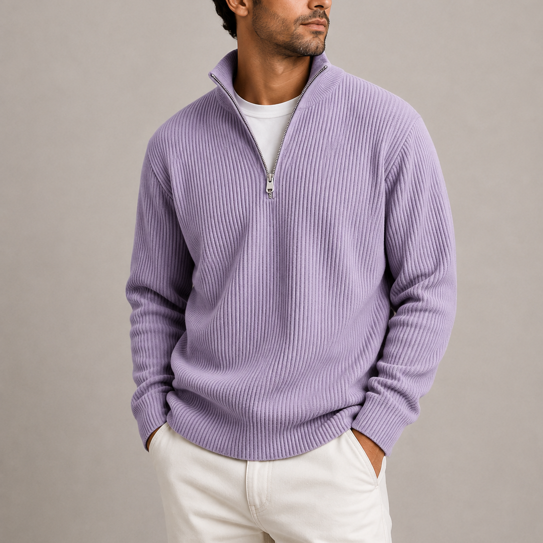Men's Smart Casual Ribbed Quarter-Zip Sweater Stylish Knit Jumper
