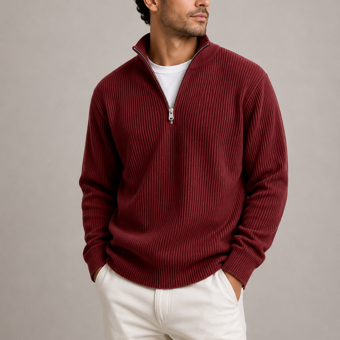Men's Smart Casual Ribbed Quarter-Zip Sweater Stylish Knit Jumper