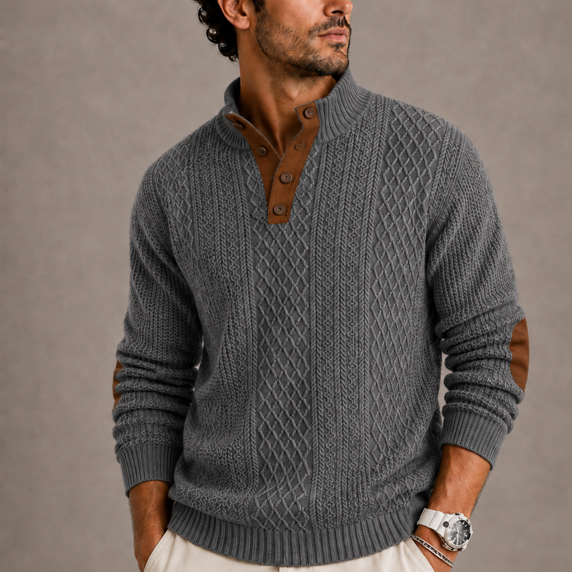 Men's Jacquard Knit Sweater Crew Neck Long Sleeve Textured Casual Wear