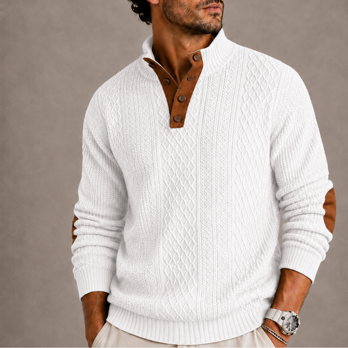 Men's Jacquard Knit Sweater Crew Neck Long Sleeve Textured Casual Wear