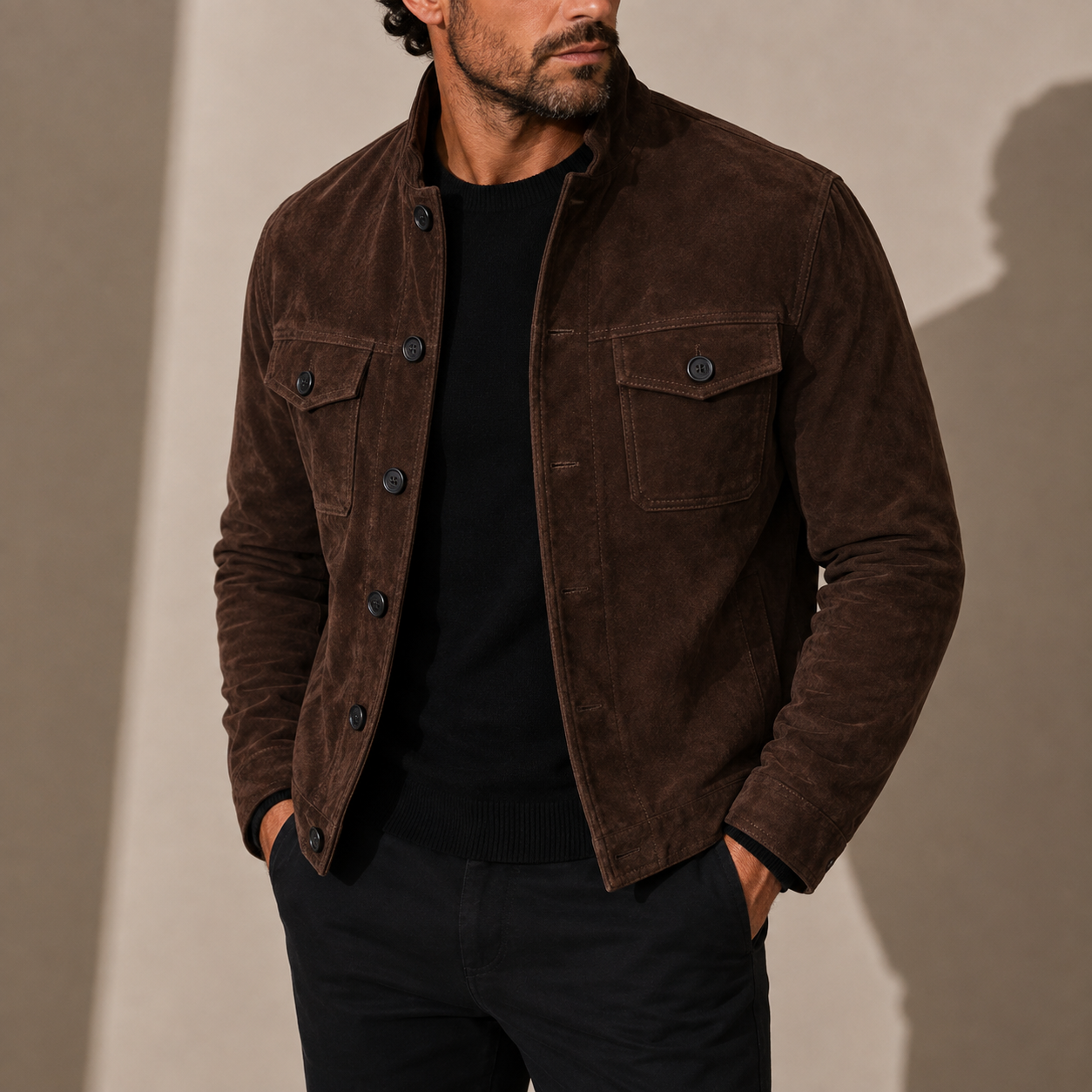 Men's Suede Jacket Stand Collar Button-Up Casual Style Everyday Fashion