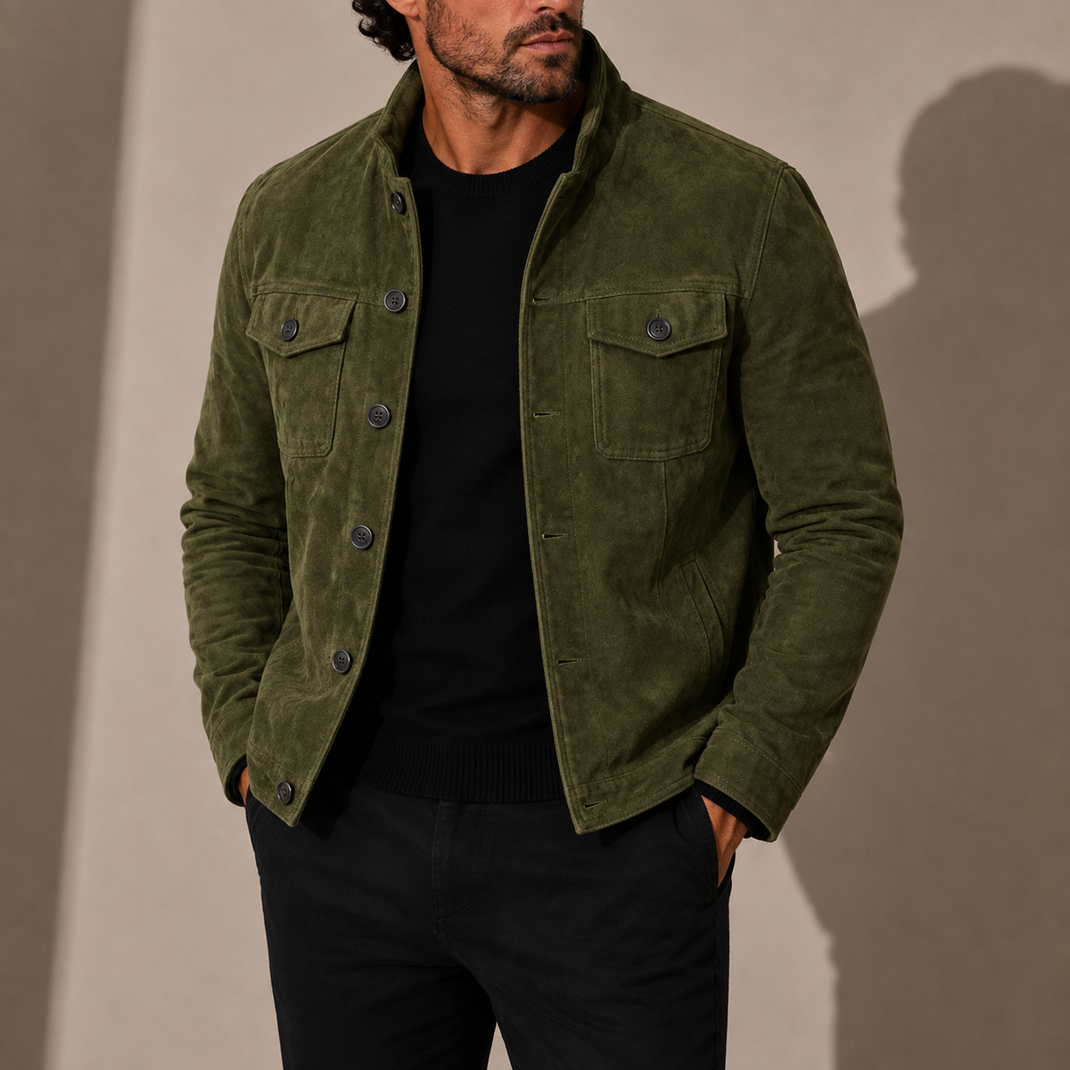 Men's Suede Jacket Stand Collar Button-Up Casual Style Everyday Fashion