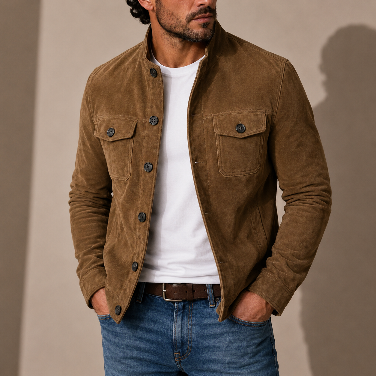Men's Suede Jacket Stand Collar Button-Up Casual Style Everyday Fashion