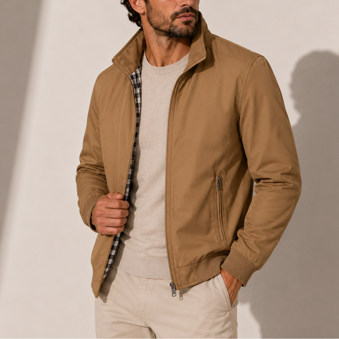 Men's Casual Bomber Jacket Stand Collar Zip-Up Versatile Everyday Wear