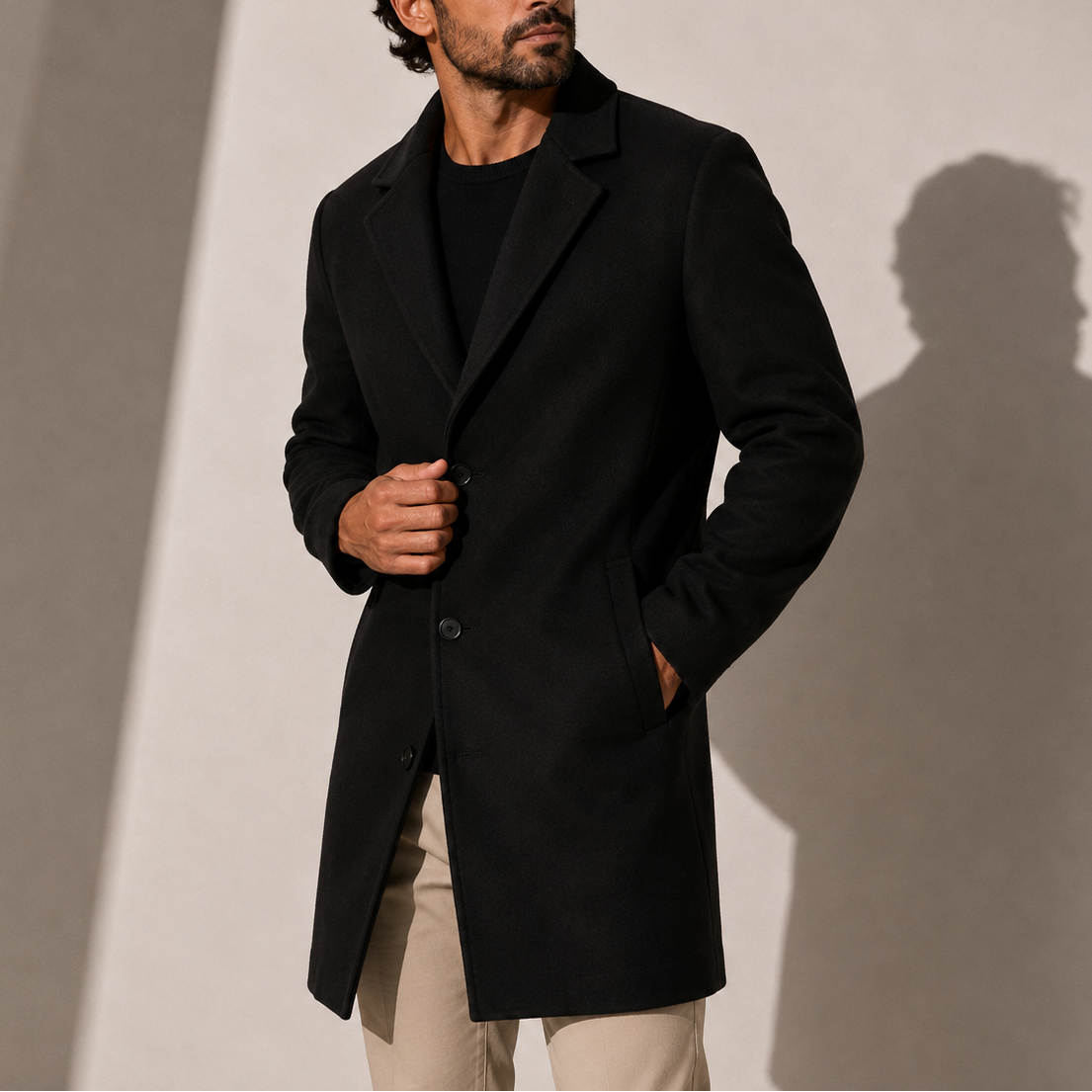 Men's Classic Tailored Overcoat Smart Casual Style Long Sleeve Button Closure
