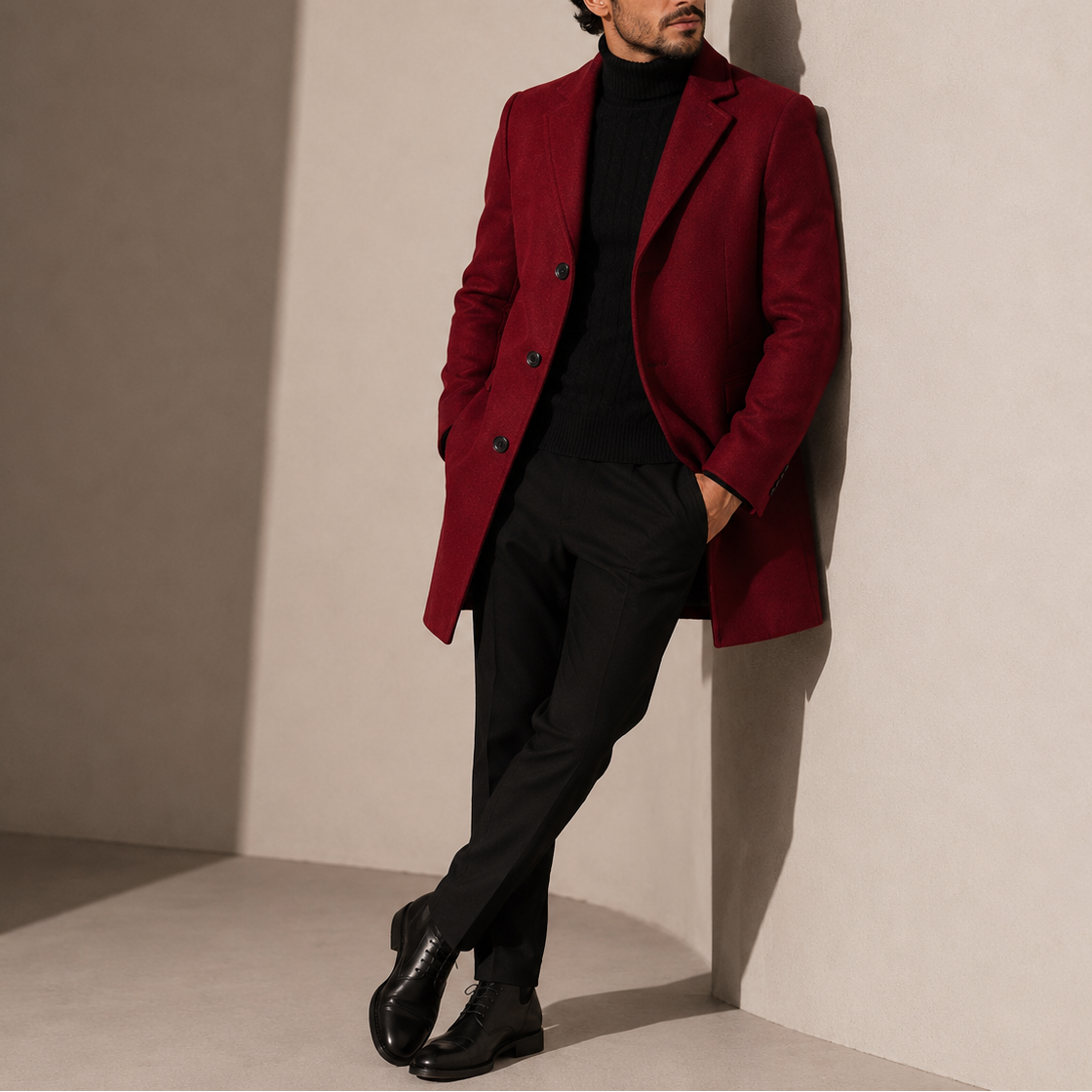 Men's Classic Tailored Overcoat Smart Casual Style Long Sleeve Button Closure