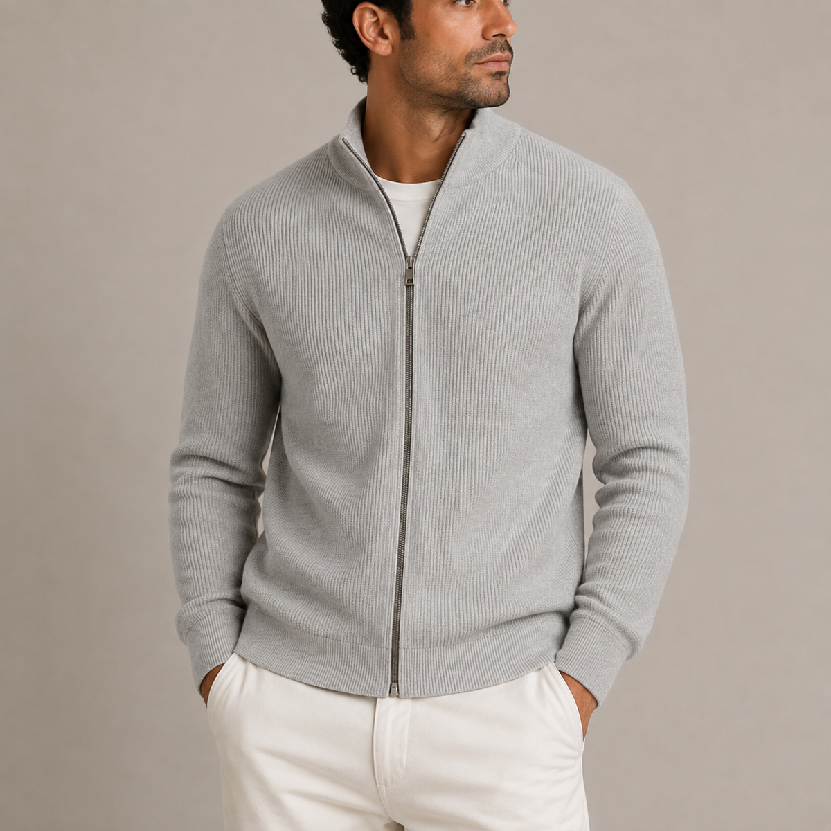 Men's Full-Zip Ribbed Cardigan Sweater Stand Collar Casual Layering