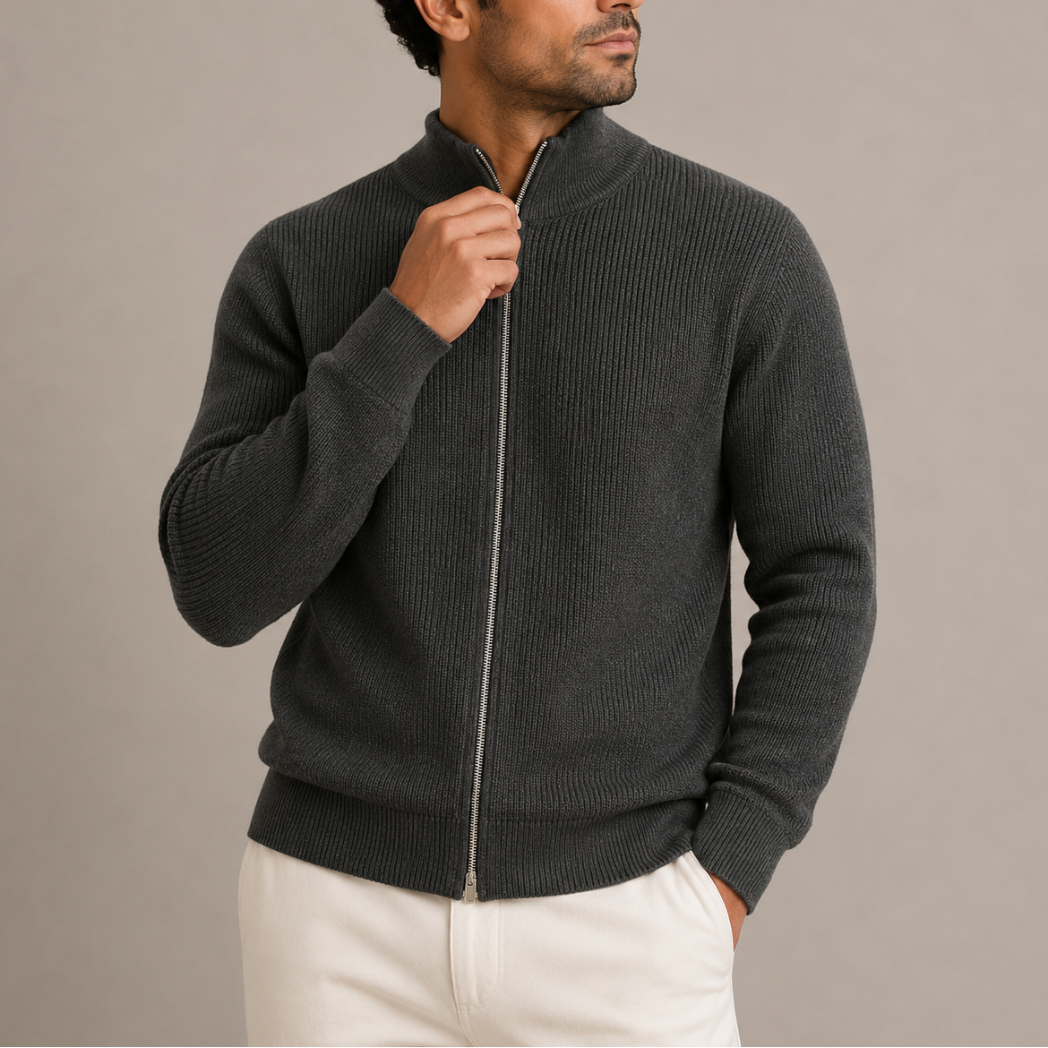 Men's Full-Zip Ribbed Cardigan Sweater Stand Collar Casual Layering