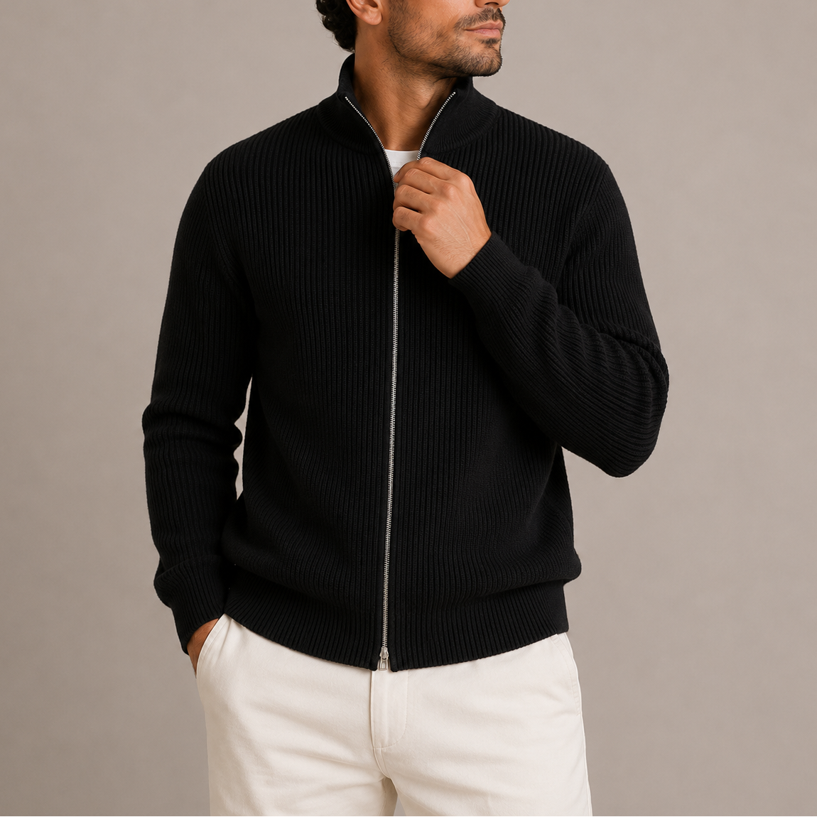 Men's Full-Zip Ribbed Cardigan Sweater Stand Collar Casual Layering