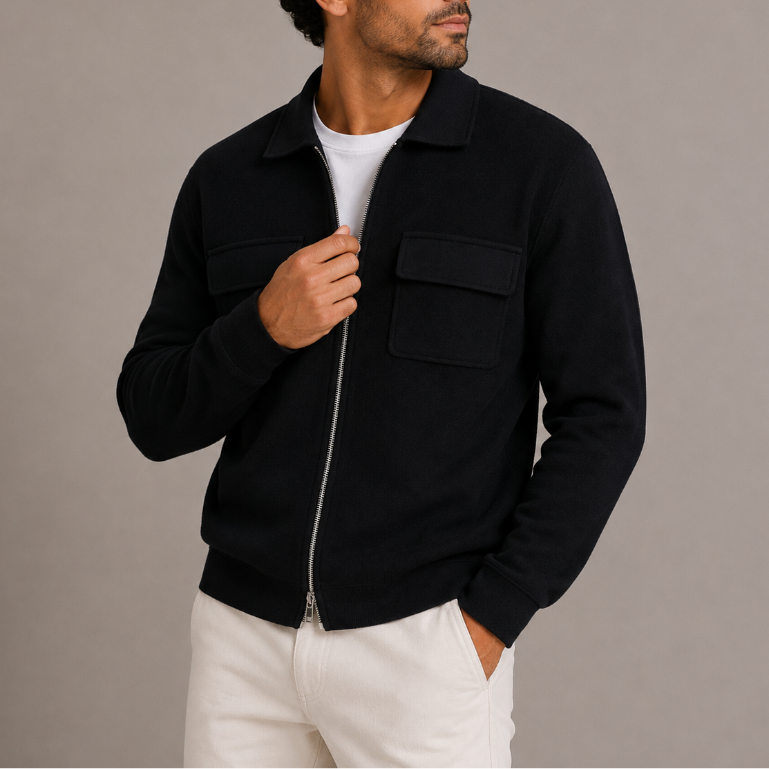 Men's Zip-Up Knit Jacket Collared Cardigan Relaxed Fit Chest Pockets Casual