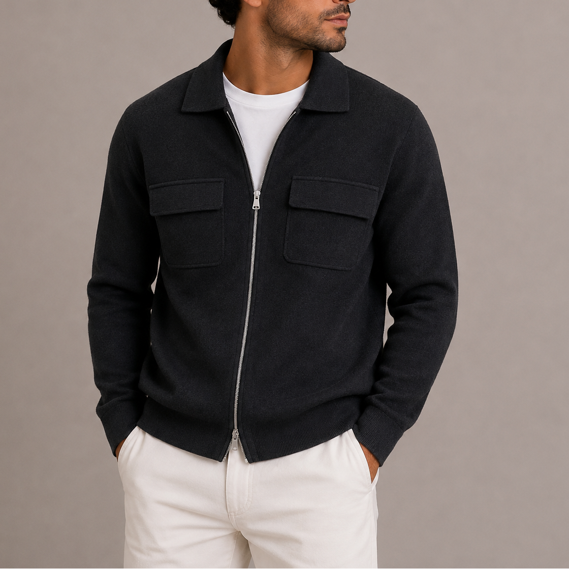 Men's Zip-Up Knit Jacket Collared Cardigan Relaxed Fit Chest Pockets Casual