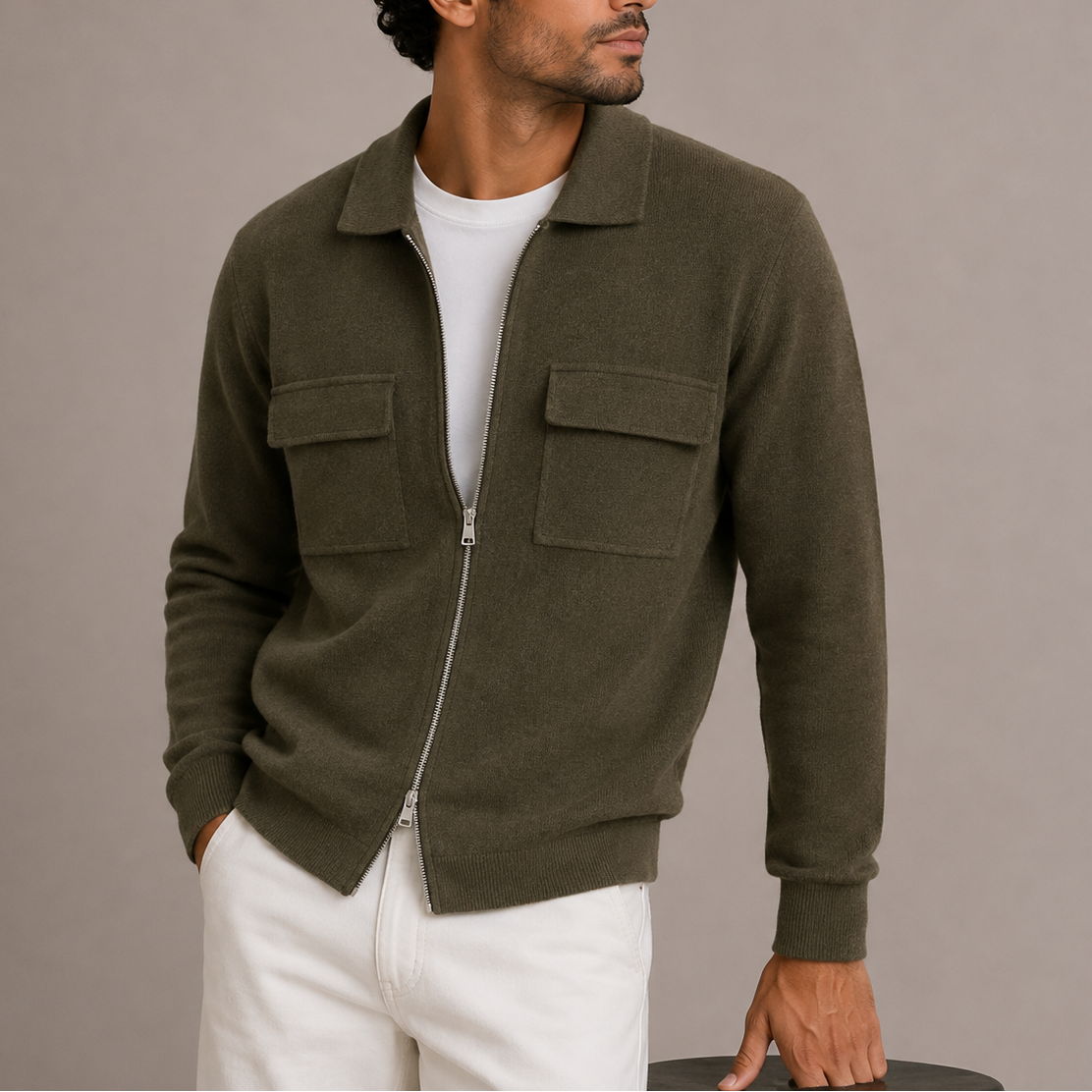 Men's Zip-Up Knit Jacket Collared Cardigan Relaxed Fit Chest Pockets Casual