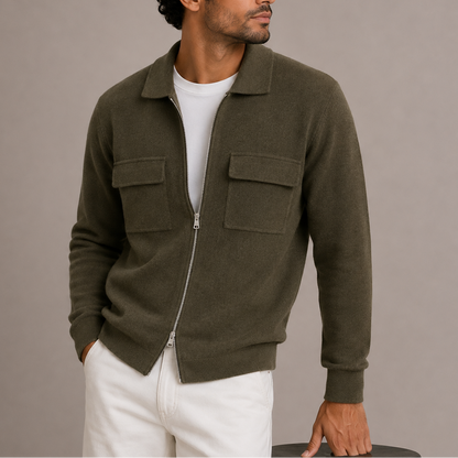 Men's Zip-Up Knit Jacket Collared Cardigan Relaxed Fit Chest Pockets Casual