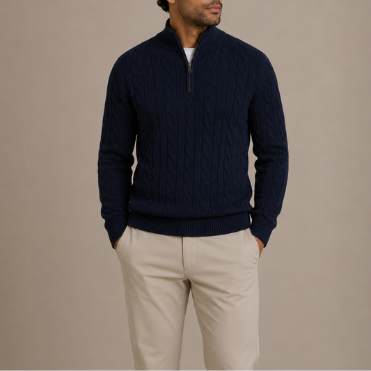 Men's Cable Knit Quarter Zip Pullover Sweater Stand Collar Casual Everyday