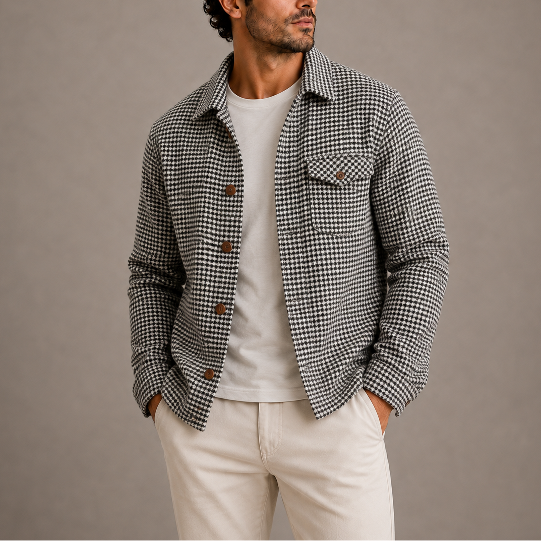 Men's Houndstooth Shirt Jacket Stylish Fit Button-Up Layering Casual Everyday