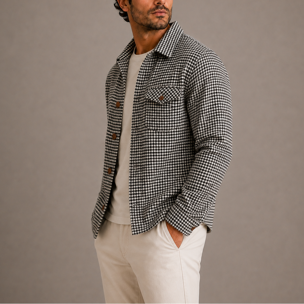 Men's Houndstooth Shirt Jacket Stylish Fit Button-Up Layering Casual Everyday