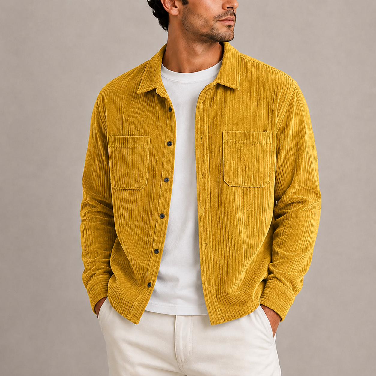 Men's Corduroy Overshirt Jacket Long Sleeve Button-Up Casual Layering