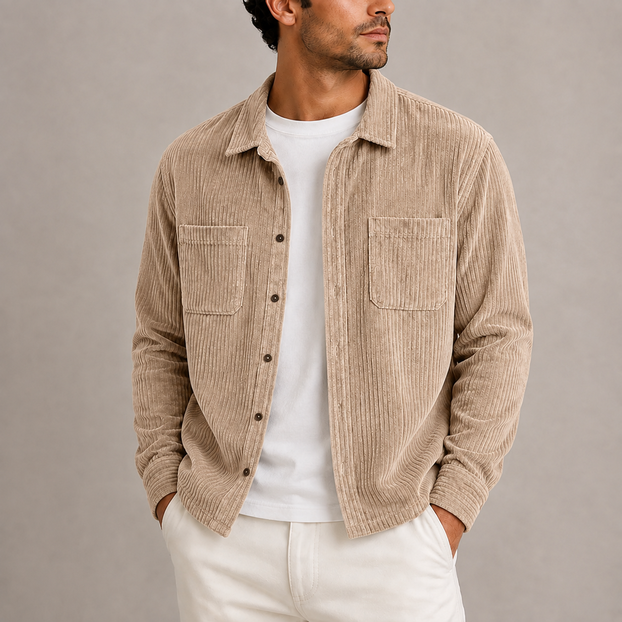 Men's Corduroy Overshirt Jacket Long Sleeve Button-Up Casual Layering