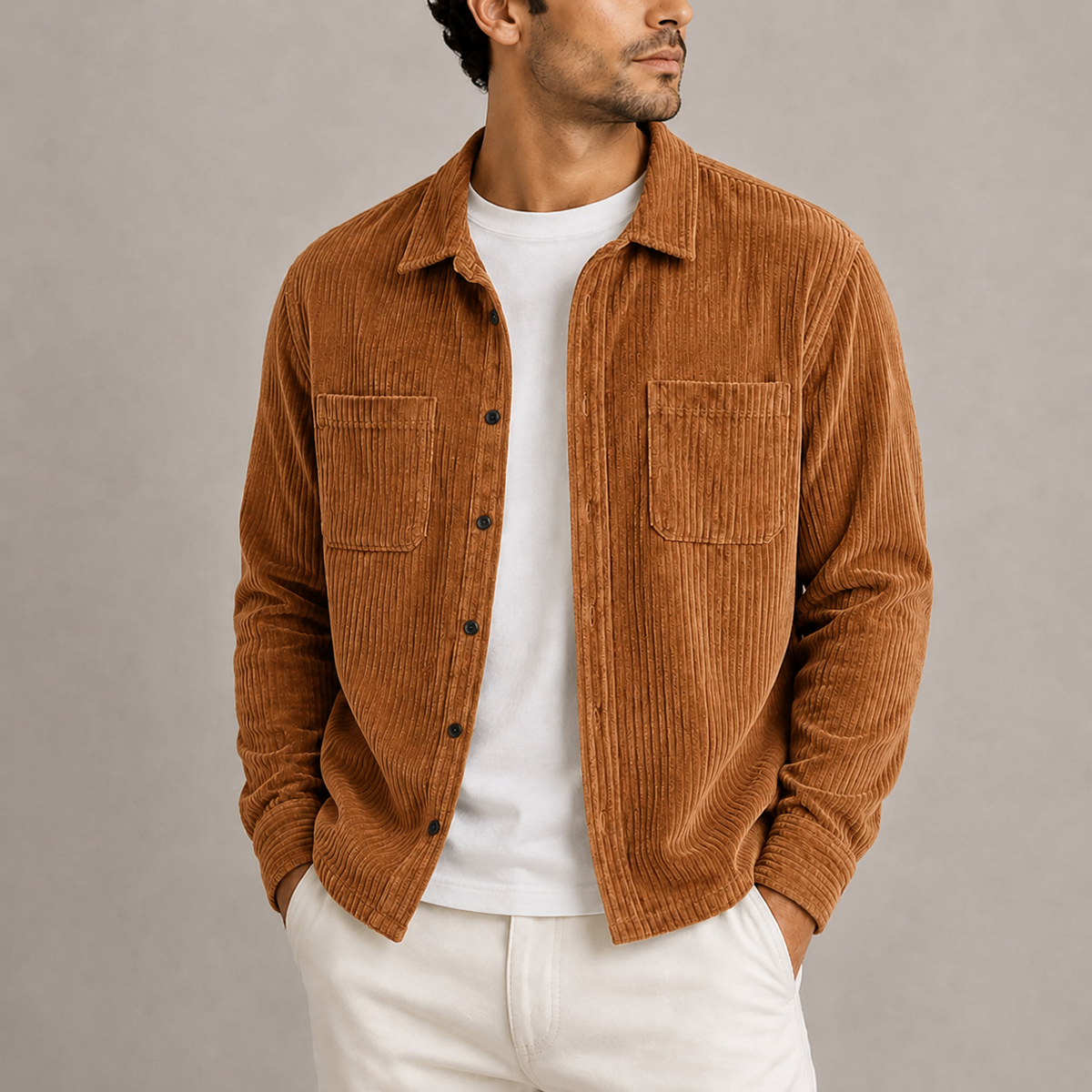 Men's Corduroy Overshirt Jacket Long Sleeve Button-Up Casual Layering