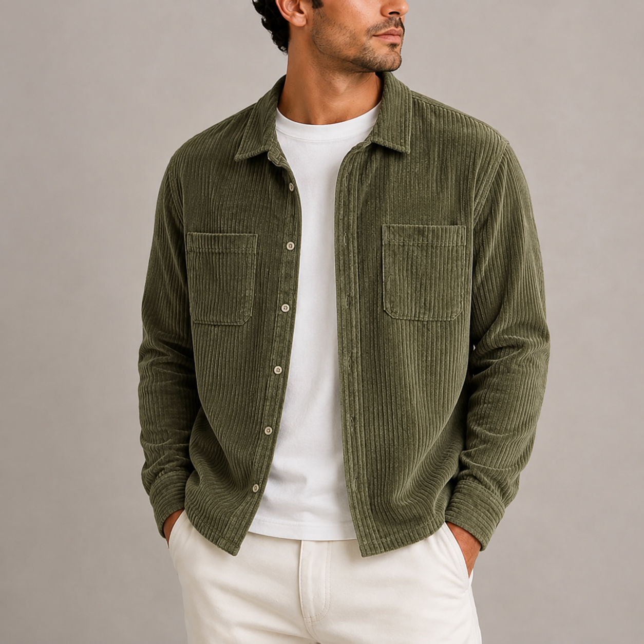Men's Corduroy Overshirt Jacket Long Sleeve Button-Up Casual Layering