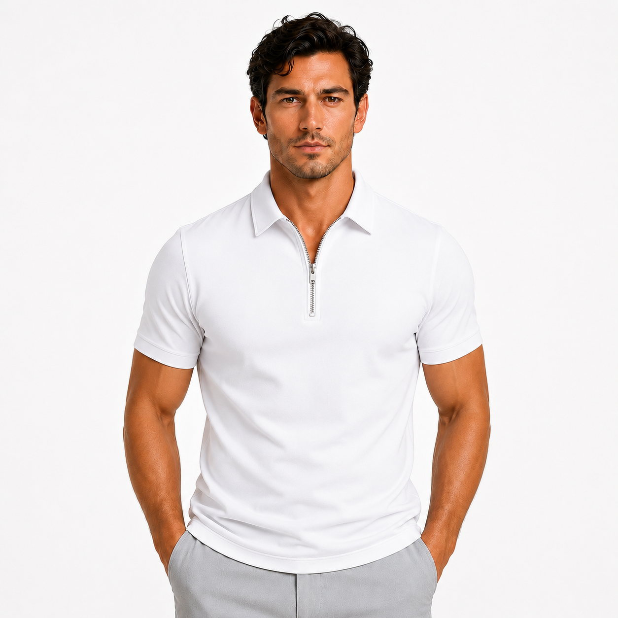 Men's Slim-Fit Short-Sleeve Polo Shirt Zip-Neck Casual Stylish Everyday