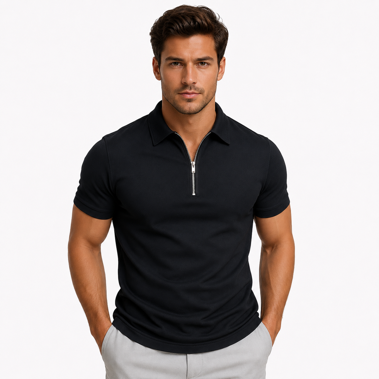 Men's Slim-Fit Short-Sleeve Polo Shirt Zip-Neck Casual Stylish Everyday