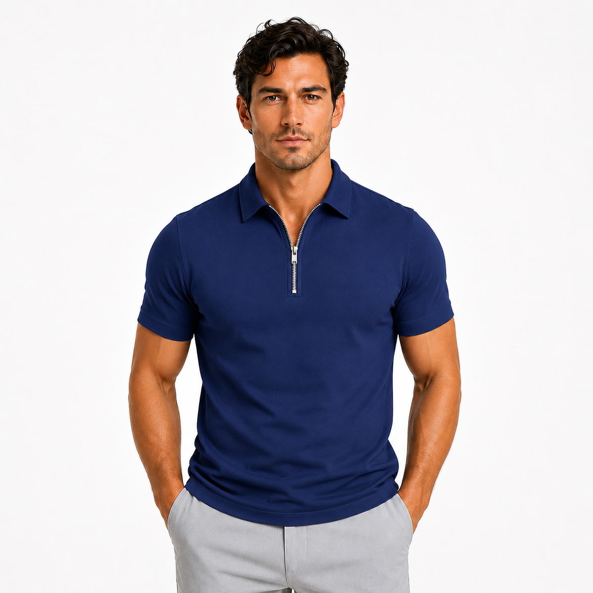 Men's Slim-Fit Short-Sleeve Polo Shirt Zip-Neck Casual Stylish Everyday