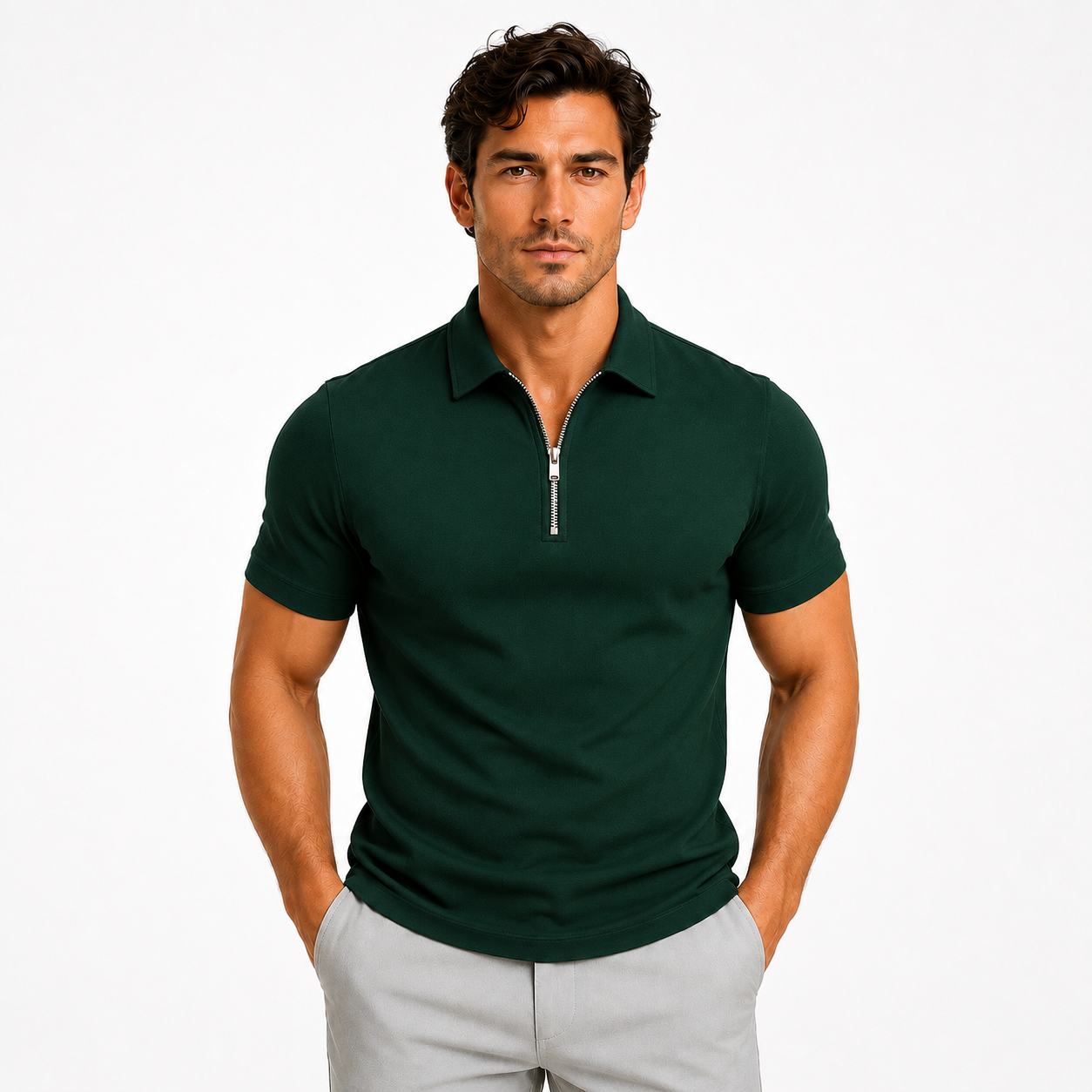 Men's Slim-Fit Short-Sleeve Polo Shirt Zip-Neck Casual Stylish Everyday