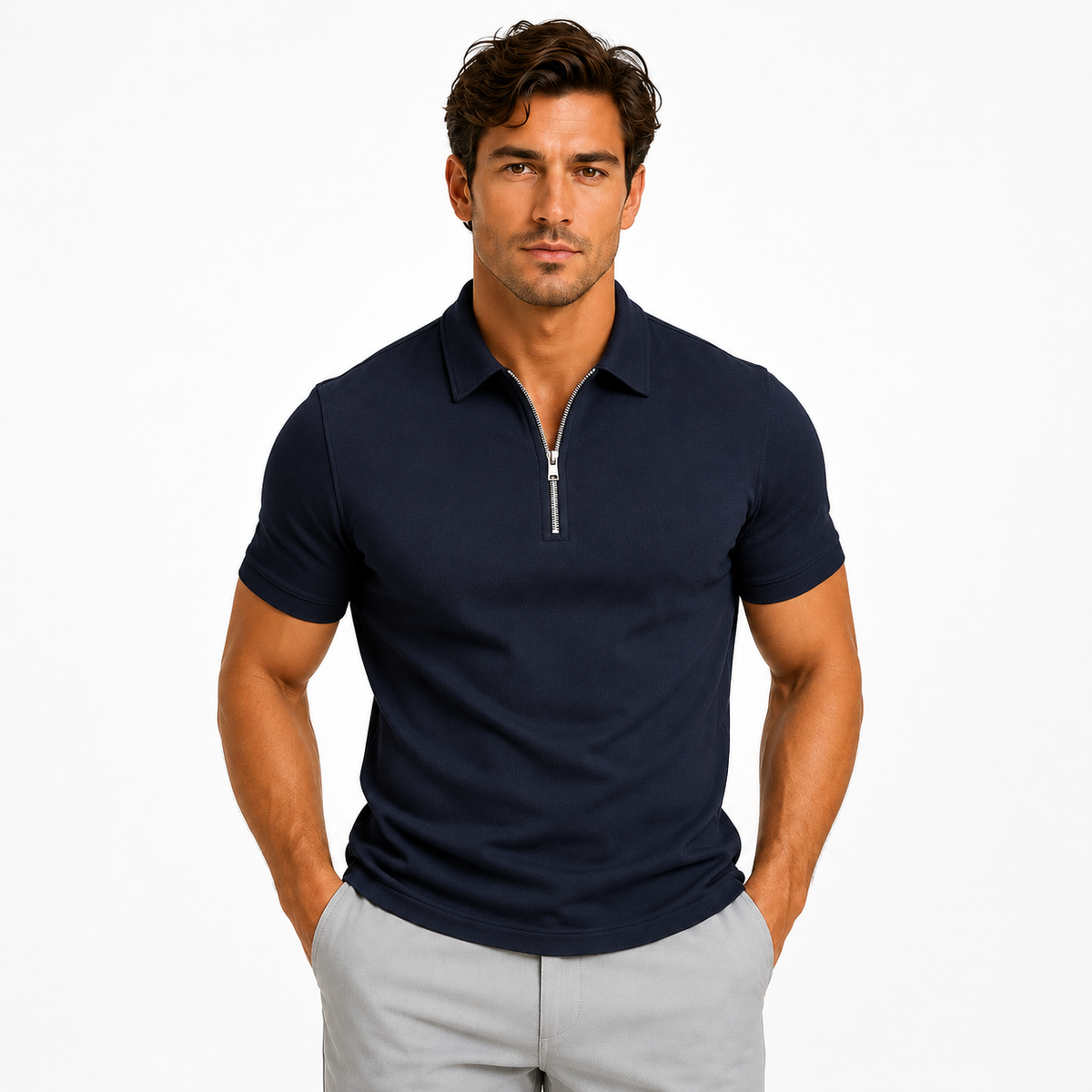 Men's Slim-Fit Short-Sleeve Polo Shirt Zip-Neck Casual Stylish Everyday