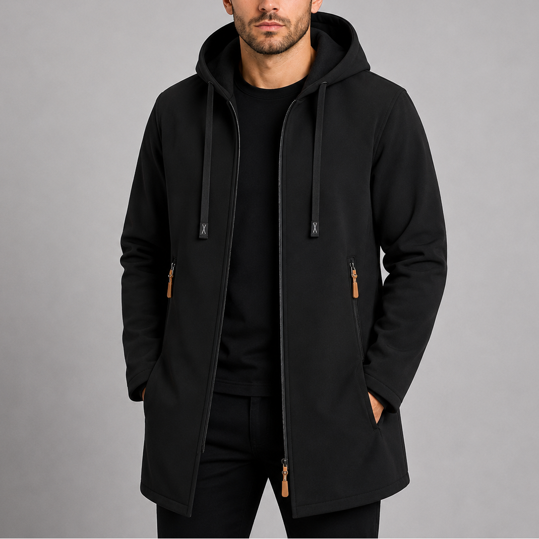 Men's Casual Hooded Long Coat Zip-Up Outdoor Jacket Versatile Everyday Style