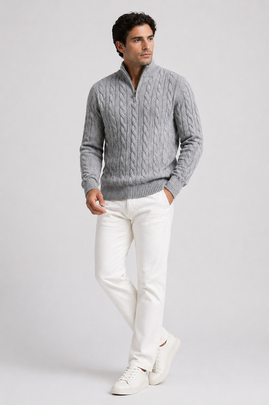 Men's Cable Knit Sweater Regular Fit Zip Collar Long Sleeve Cosy Casual