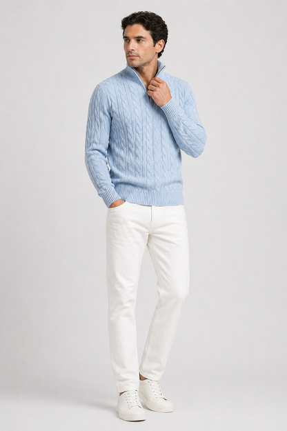 Men's Cable Knit Sweater Regular Fit Zip Collar Long Sleeve Cosy Casual