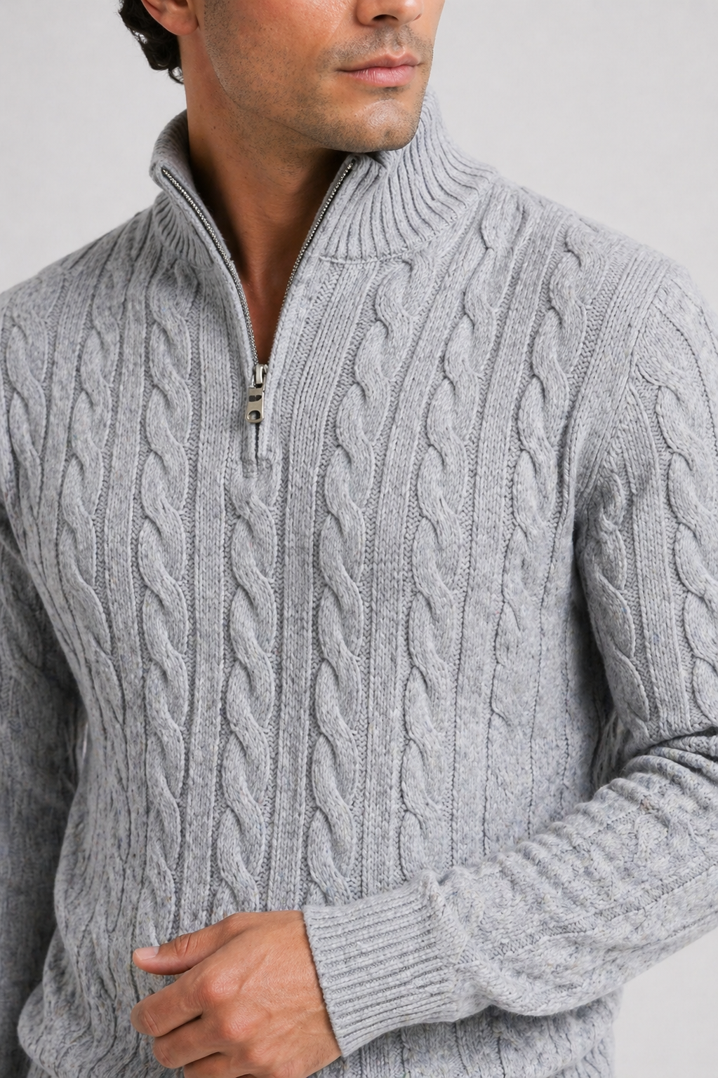 Men's Cable Knit Sweater Regular Fit Zip Collar Long Sleeve Cosy Casual