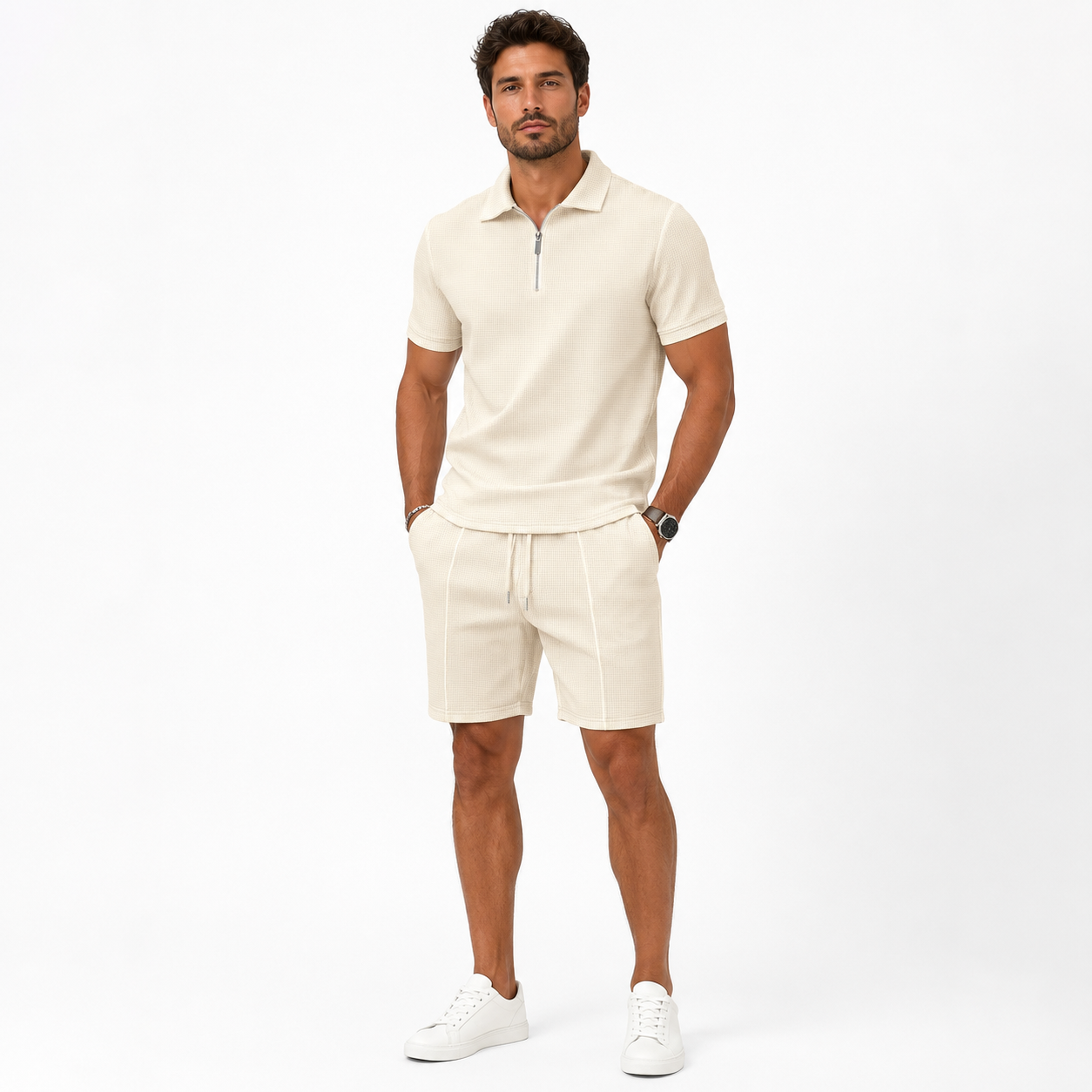 Men's Zip-Neck Polo Shirt and Shorts Co-ord Set Casual Everyday Summer Relaxed Fit