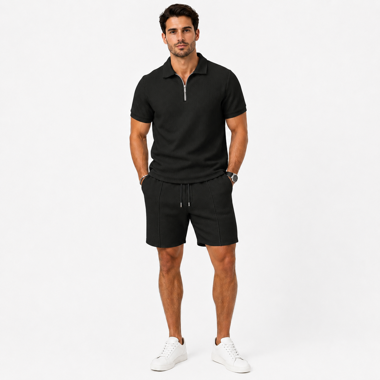 Men's Zip-Neck Polo Shirt and Shorts Co-ord Set Casual Everyday Summer Relaxed Fit