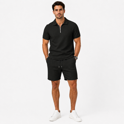 Men's Zip-Neck Polo Shirt and Shorts Co-ord Set Casual Everyday Summer Relaxed Fit