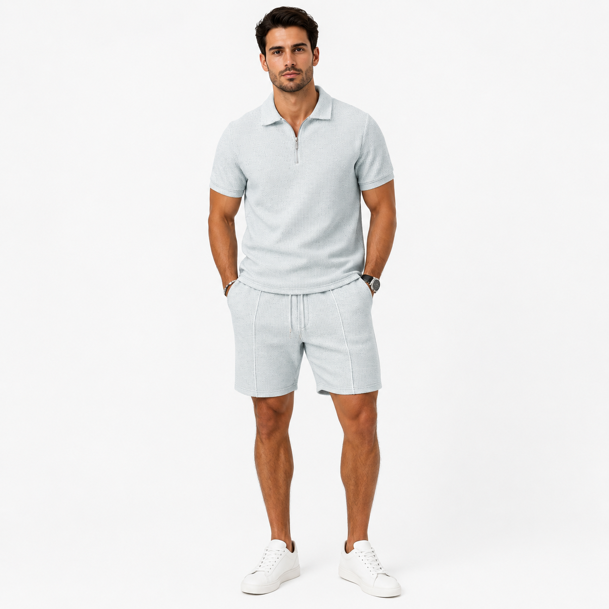Men's Zip-Neck Polo Shirt and Shorts Co-ord Set Casual Everyday Summer Relaxed Fit