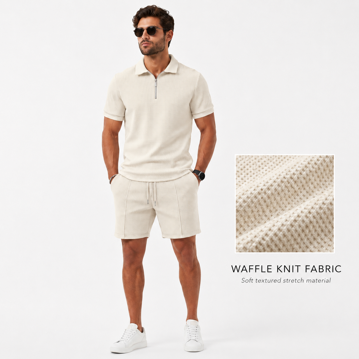 Men's Zip-Neck Polo Shirt and Shorts Co-ord Set Casual Everyday Summer Relaxed Fit