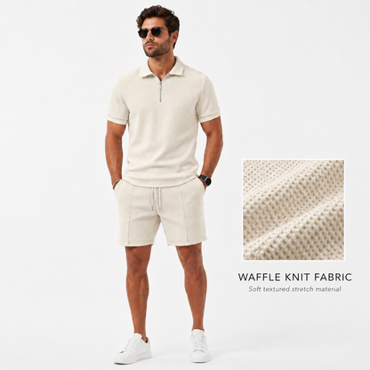 Men's Zip-Neck Polo Shirt and Shorts Co-ord Set Casual Everyday Summer Relaxed Fit