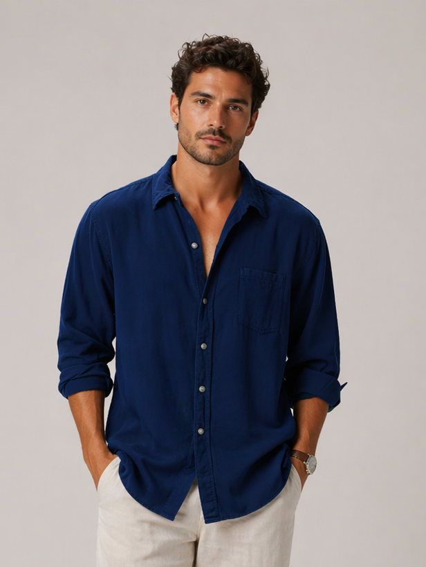 Men's Button-Up Shirt Relaxed Fit Long-Sleeve Collared Casual Smart-Casual Office Everyday Versatile Timeless Halbert