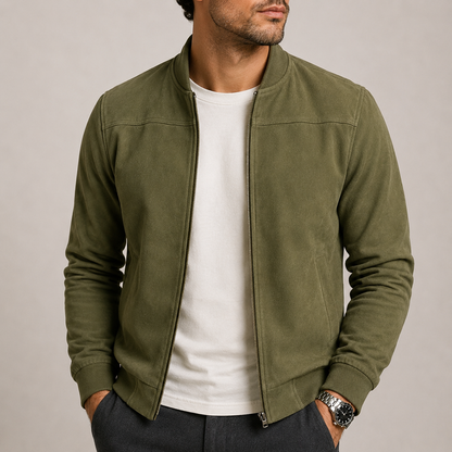 Men's Suede Bomber Jacket Casual Fit Zip Closure Classic Everyday Style
