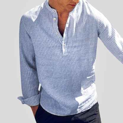 Men's Striped Henley Shirt Long-Sleeve Button Placket Slim Fit Casual Smart-Casual Everyday Layering Kelvin