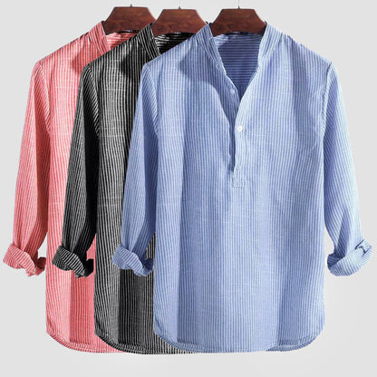 Men's Striped Henley Shirt Long-Sleeve Button Placket Slim Fit Casual Smart-Casual Everyday Layering Kelvin