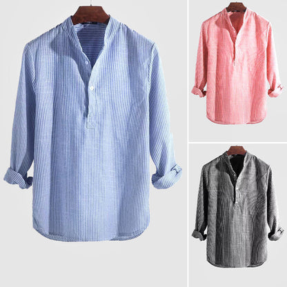 Men's Striped Henley Shirt Long-Sleeve Button Placket Slim Fit Casual Smart-Casual Everyday Layering Kelvin