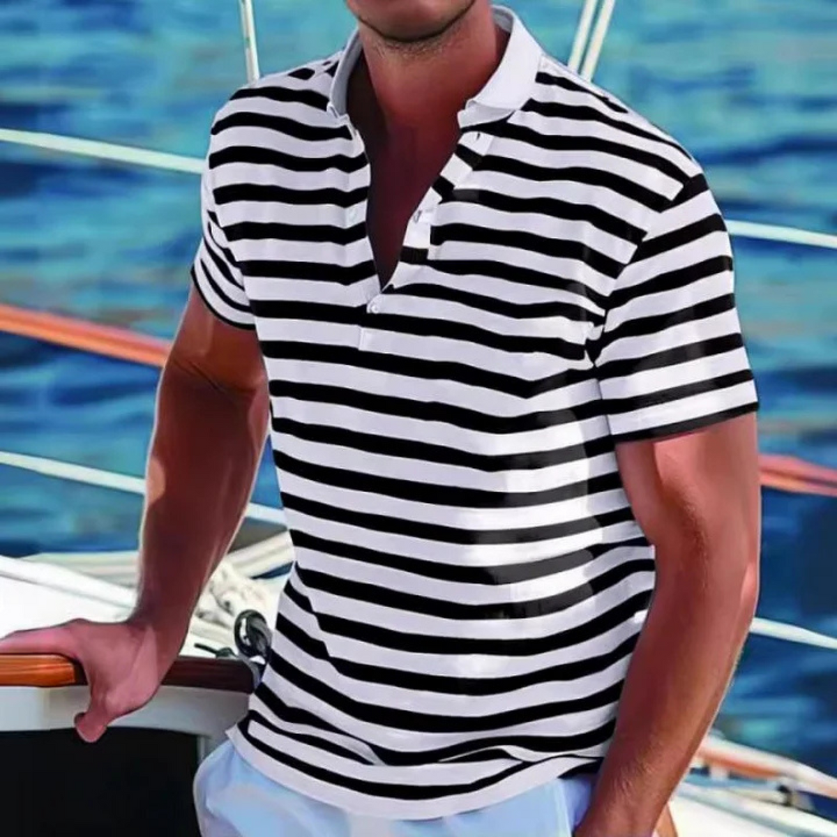 Men's Retro Striped Polo Shirt Short-Sleeve Collared Casual Everyday