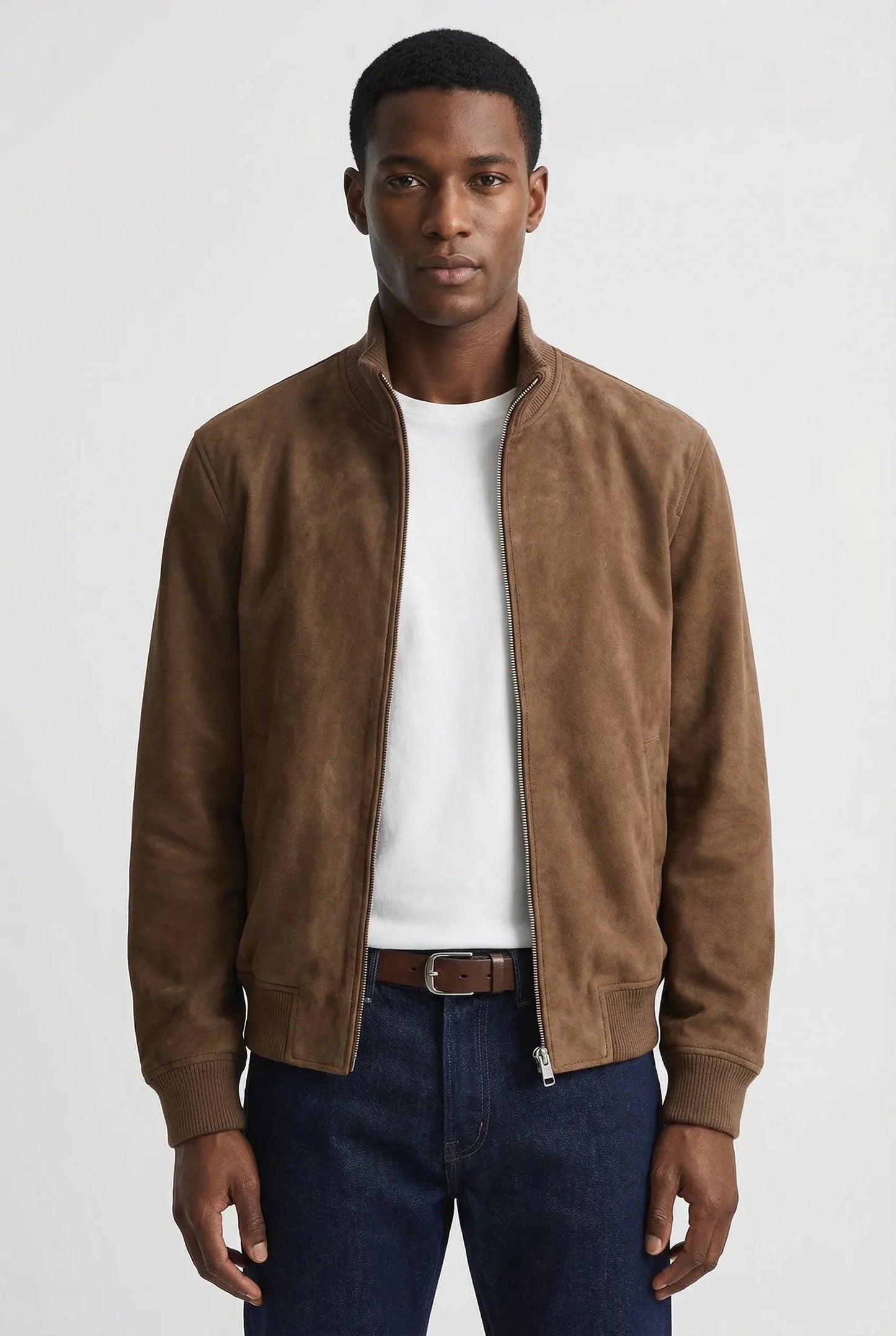 Men's Slim Fit Suede Jacket Stylish Casual Outerwear with Zipper Closure and Pocket Details